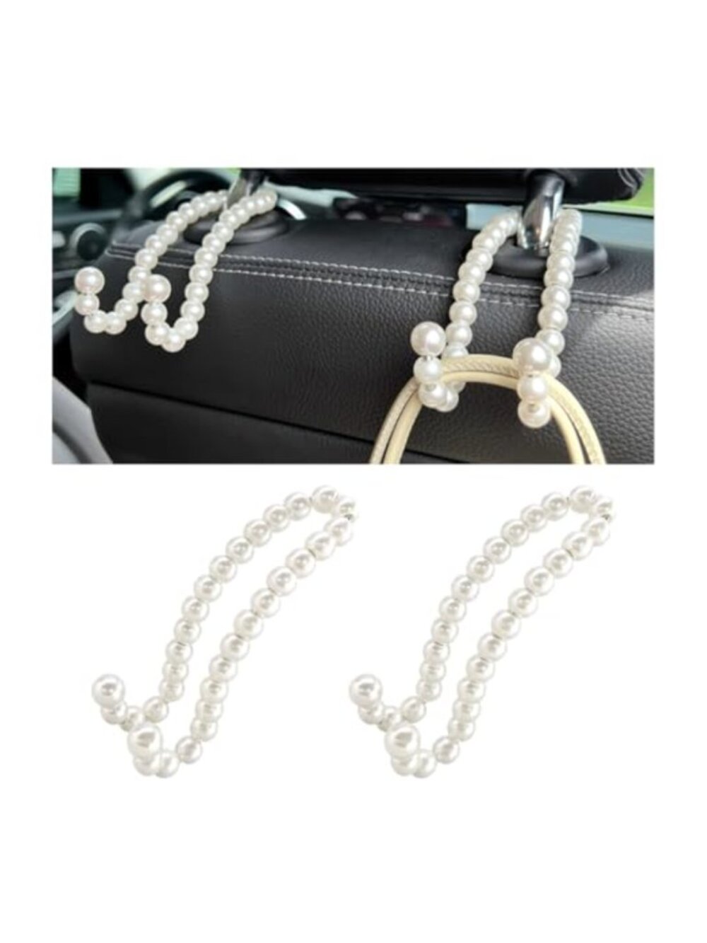 Set of 2 Pearl Car Seat Headrest Hooks - Resin Metal Dainty Purse Holder, Auto